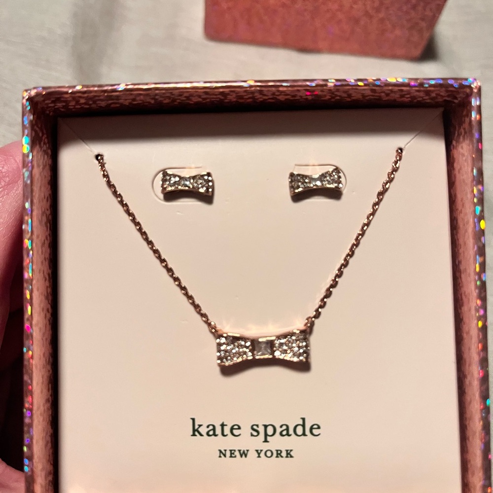 Kate Spade Rose Gold Necklace & Earrings Jewelry Set Signature Bow New In Box!!